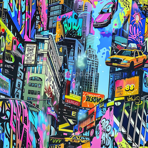 Seamless 3D PBR Graffiti Texture Featuring Vibrant Urban Cityscape Murals