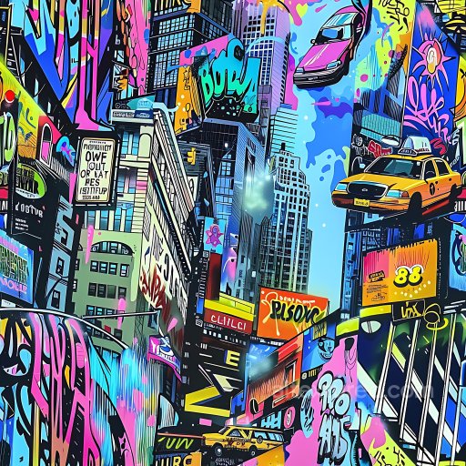 Seamless 3D PBR Graffiti Texture Featuring Vibrant Urban Cityscape Murals texture preview