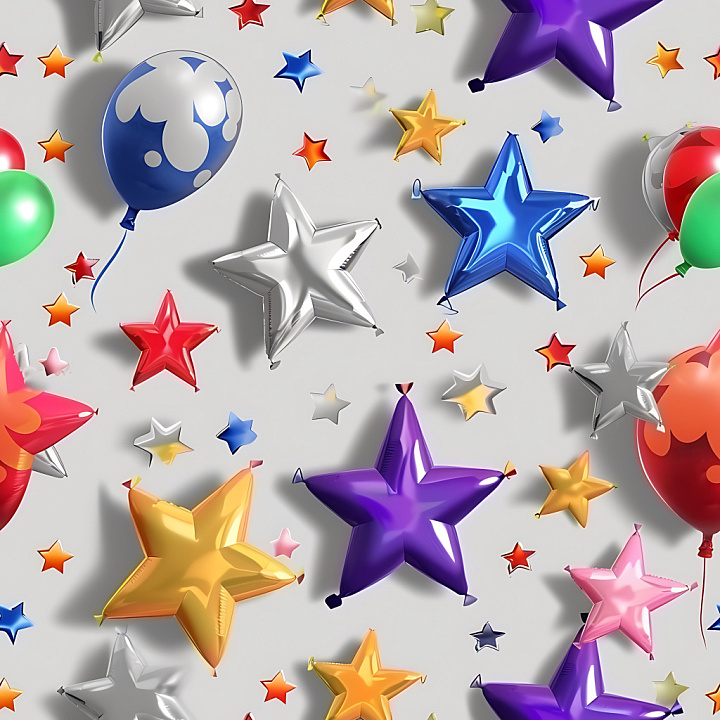 Inflated Vinyl Star and Balloon Pattern in Bright Colors seamless PBR texture preview