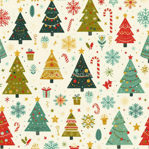 Seamless 3D PBR Digital Paper Texture with Colorful Christmas Trees & Snowflakes