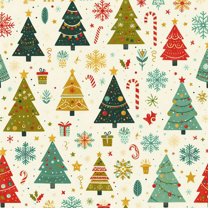 Digital Paper with Colorful Christmas Trees & Snowflakes seamless PBR texture preview
