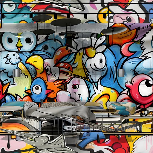 Seamless 3D PBR Texture of Colorful Cartoon Bird Graffiti on Urban Wall texture preview