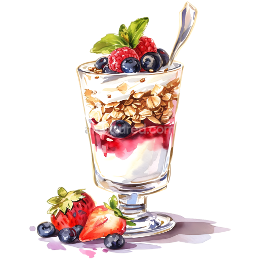 Watercolor Style Breakfast Yogurt Parfait with Berries and Granola Graphic