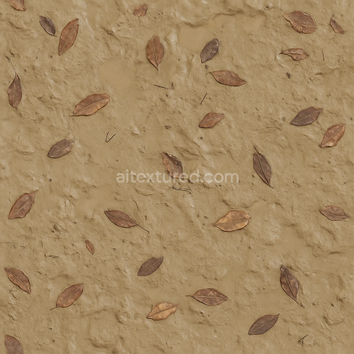 Seamless 3d texture pbr 8k of muddy garden mud with mud with leaves and soft mud patches