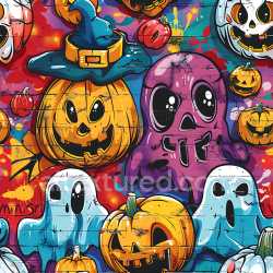 seamless Seamless 3D PBR Texture Featuring Colorful Halloween Graffiti Pumpkins & Ghosts texture 8k free download PBR