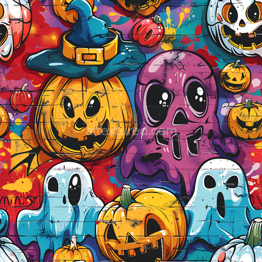 Preview — Seamless 3D PBR Texture Featuring Colorful Halloween Graffiti Pumpkins & Ghosts