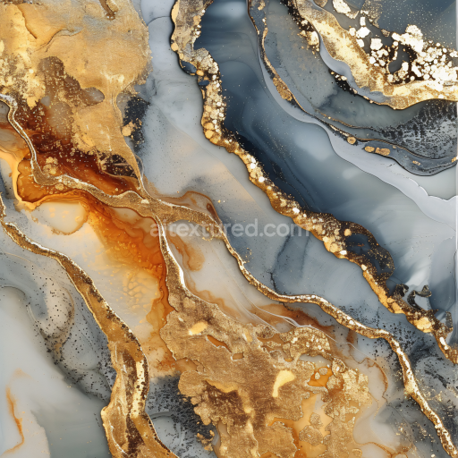 Seamless 3D Alcohol Ink PBR Texture Featuring Gold Veins and Slate Blue Fluid Marbling