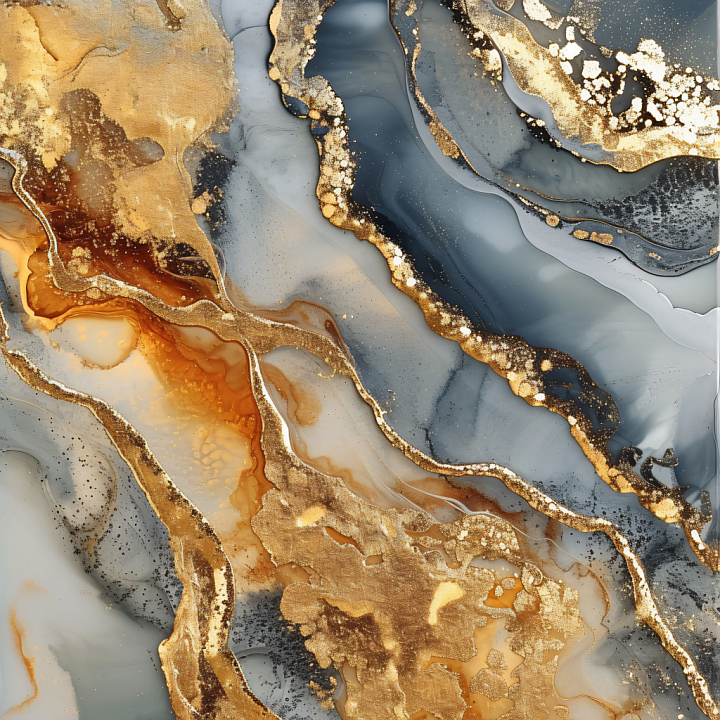 Alcohol Ink Featuring Gold Veins and Slate Blue Fluid Marbling seamless PBR texture preview