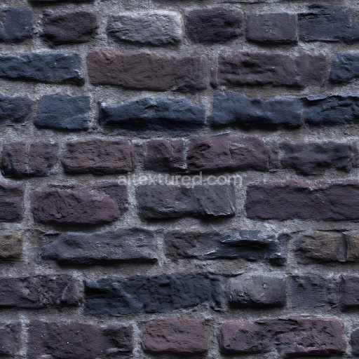 Seamless 3D Cracked Brick Wall PBR Texture with Rough Dark Red and Blue Bricks