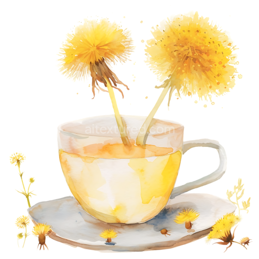 Watercolor Dandelion Tea Cup Breakfast Illustration with Yellow Floral Detail