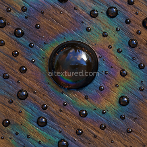 Seamless 3d texture pbr 8k slippery oil spill droplets on wet wood