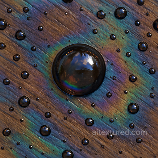 Slippery Oil Spill Droplets On Wet Wood seamless Drops PBR texture