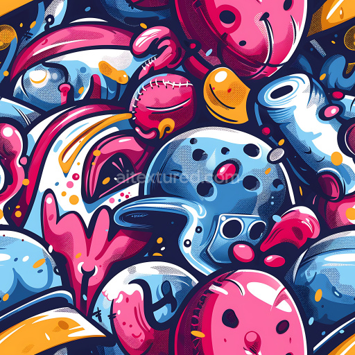 Seamless 3D PBR Graffiti Texture Featuring Bold Blue and Pink Cartoon Style Art