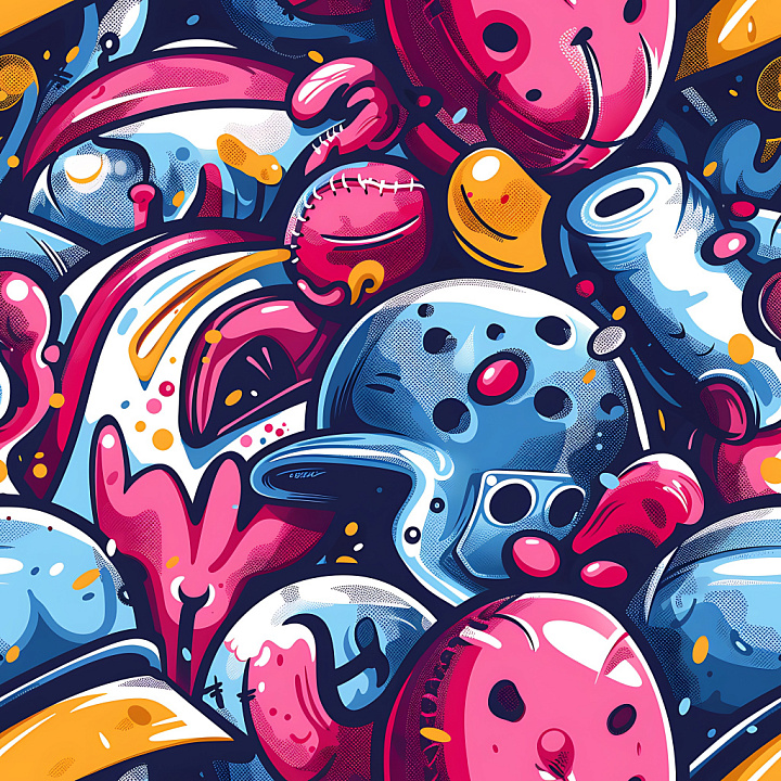 Graffiti Featuring Bold Blue and Pink Cartoon Style Art seamless PBR texture preview