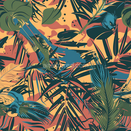 Seamless 3D Tropical Foliage Camouflage PBR Texture with Stylized Birds and Jungle Leaves