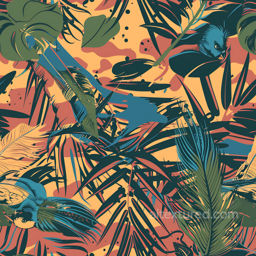 Tropical Foliage Camouflage PBR Texture with Stylized Birds and Jungle Leaves seamless Color Camouflage PBR texture