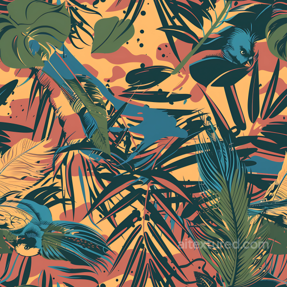 Tropical Foliage Camouflage PBR Texture with Stylized Birds and Jungle Leaves Color Camouflage texture preview