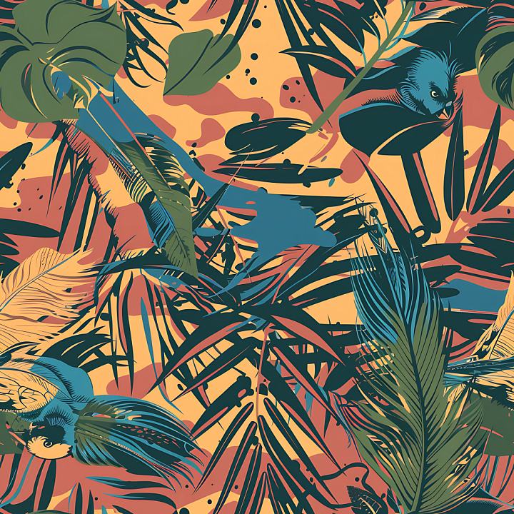 Tropical Foliage Camouflage with Stylized Birds and Jungle Leaves seamless PBR texture preview