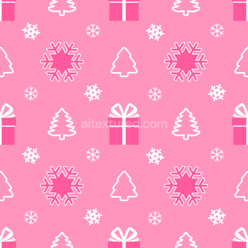Seamless 3D PBR Pink Christmas Digital Paper Texture with Snowflakes, Trees, and Gifts