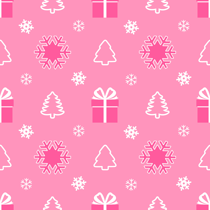 Pink Christmas Digital Paper with Snowflakes, Trees, and Gifts seamless PBR texture preview