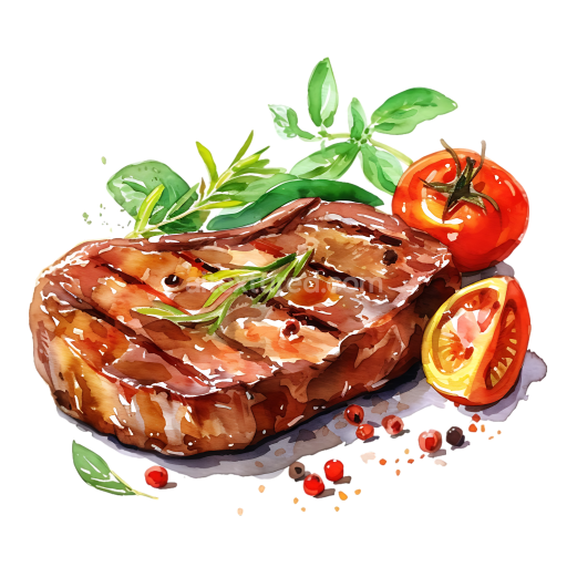 Watercolor Style Grilled Pork Loin Steak with Tomatoes and Herbs Breakfast Illustration