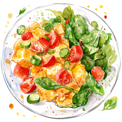 seamless Watercolor-Style Scrambled Tofu with Cherry Tomatoes and Greens Breakfast Illustration texture 8k free download PBR