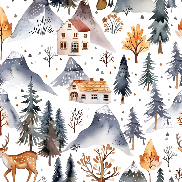 Christmas Watercolor Featuring Winter Cabins and Forest seamless PBR texture preview