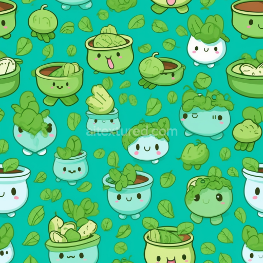 Seamless 3D PBR Texture with Cute Green Plant Pots & Leaf Pattern