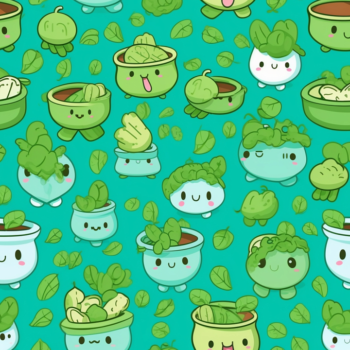 with Cute Green Plant Pots & Leaf Pattern seamless PBR texture preview