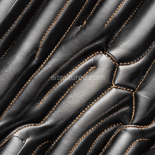 Seamless 3D Black Leather PBR Texture Featuring Stitched Quilted Panels and Visible Grain