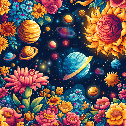space PBR texture featuring vibrant cosmic flowers and colorful planets seamless Star, space, planets PBR texture