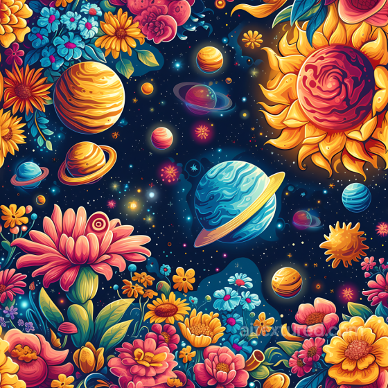 space PBR texture featuring vibrant cosmic flowers and colorful planets Star, space, planets texture preview