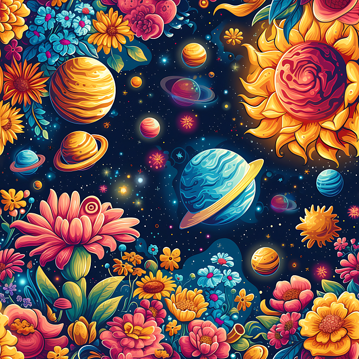 Space Featuring Vibrant Cosmic Flowers And Colorful Planets seamless PBR texture preview