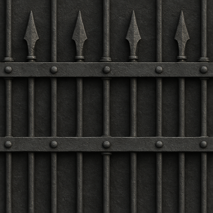 Black Fence Wrought Iron With Spiked Fence And Crossbeam Metal… seamless PBR texture preview