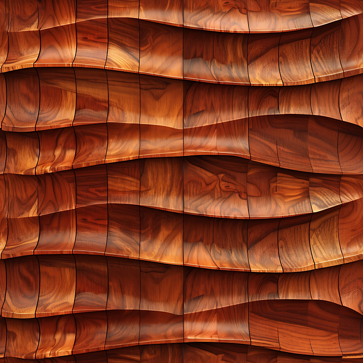 Sculpted Mahogany Wood Panels with Wavy Carved Planks seamless PBR texture preview