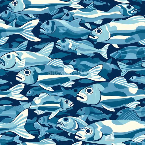 Seamless 3D aquatic fish camouflage PBR texture with blue gradient fish shapes