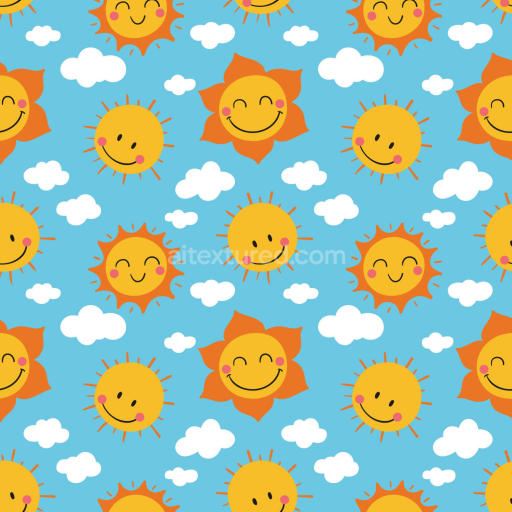 Seamless 3D PBR texture with cheerful smiling sun and white cloud pattern on sky blue
