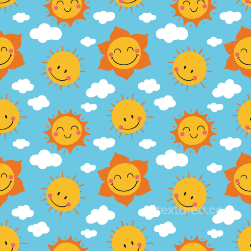With Cheerful Smiling Sun And White Cloud Pattern On Sky Blue seamless Happy Face pattern PBR texture