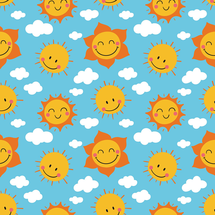 With Cheerful Smiling Sun And White Cloud Pattern On Sky Blue seamless PBR texture preview
