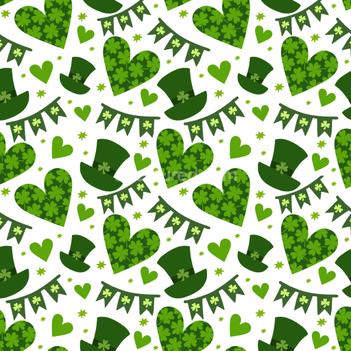 Seamless 3D PBR Digital Paper Texture with St Patrick Hat, Heart and Shamrock Pattern