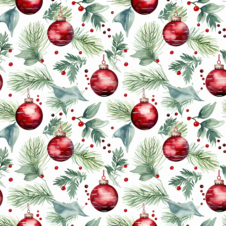 Watercolor Christmas Ornament and Pine Pattern Wood seamless PBR texture preview