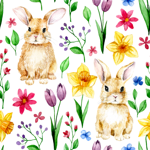 Seamless 3D PBR Digital Paper Texture Featuring Watercolor Easter Bunnies and Spring Flowers