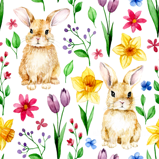 All Easter Digital paper Texture of Watercolor Easter Bunnies and Colorful Spring Flowers seamless All Easter Digital paper PBR texture