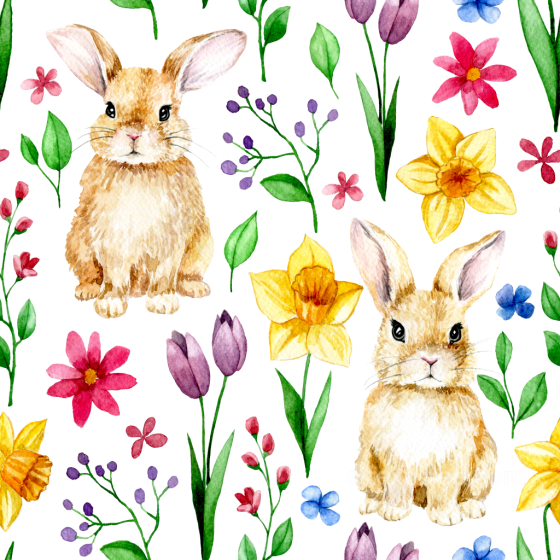 All Easter Digital paper Texture of Watercolor Easter Bunnies and Colorful Spring Flowers All Easter Digital paper texture preview