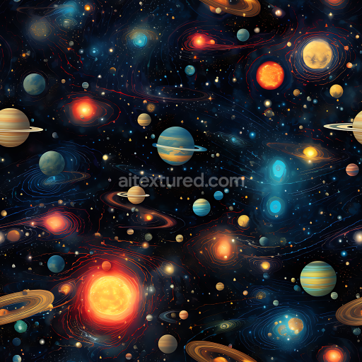 Seamless 3D Space PBR Texture Featuring Stylized Planetary Systems and Galactic Nebulae