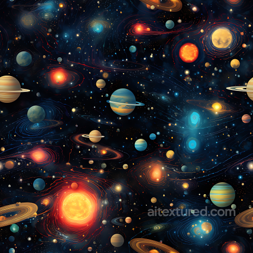 Space PBR Texture Featuring Stylized Planetary Systems and Galactic Nebulae seamless Star, space, planets PBR texture