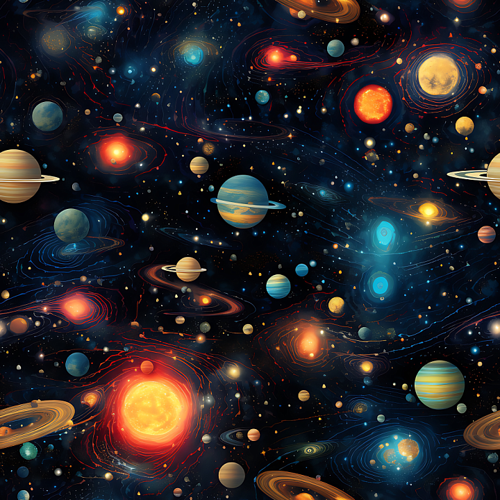 Space Featuring Stylized Planetary Systems and Galactic Nebulae seamless PBR texture preview