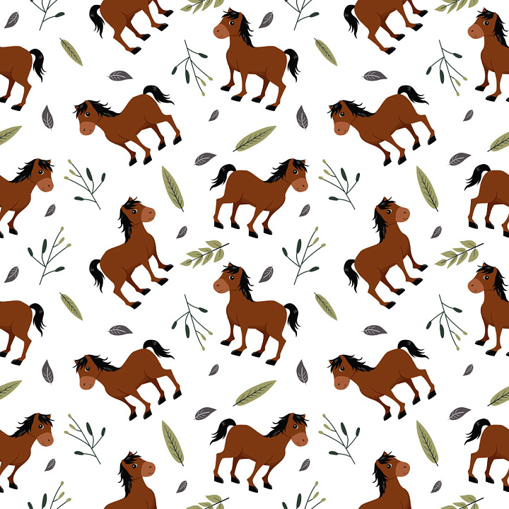 Pattern Featuring Playful Cartoon Horses and Botanical Motifs seamless PBR texture preview
