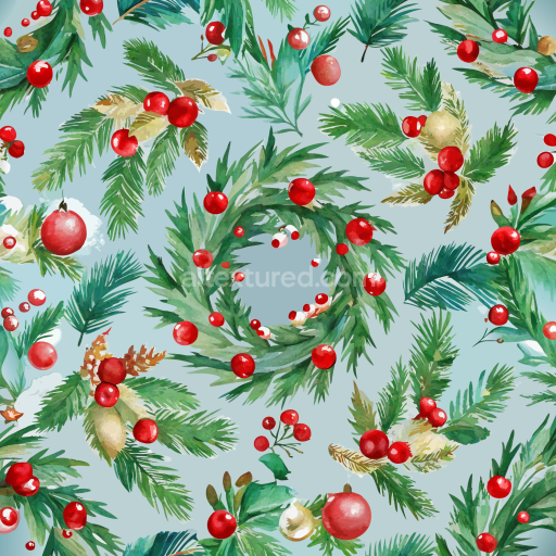 Seamless 3D PBR Texture of Watercolor Christmas Greenery with Red Berries