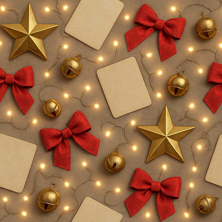 Star Ornament Christmas Card Festive Bow Metal Bell Twinkling Lights seamless PBR texture preview